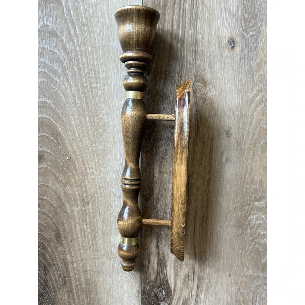 Vintage Wood Turned Candle Wall Sconces w Gold/Brass Metal Bands MCM Retro 13in
